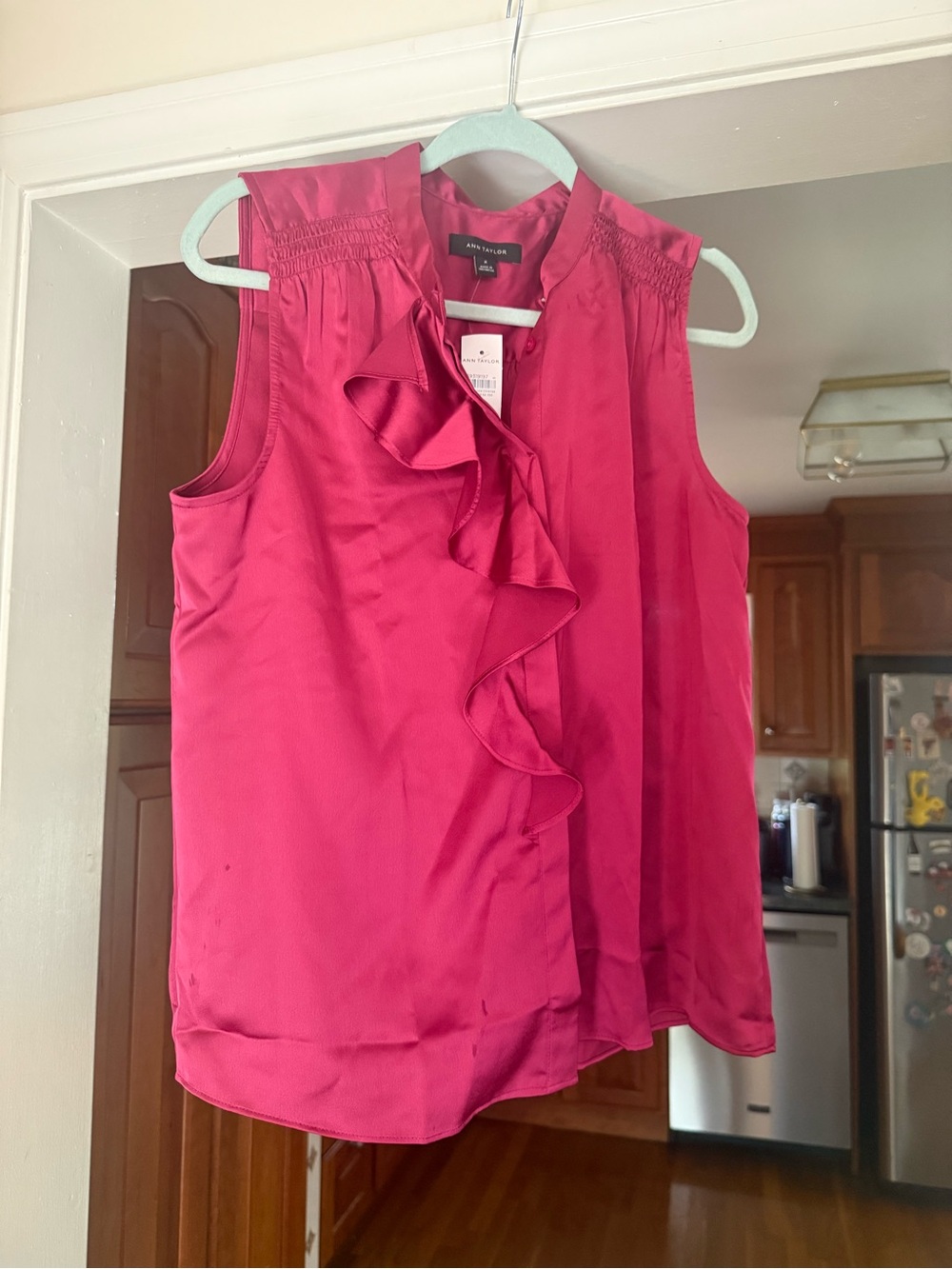 Ann Taylor Sleeveless Ruffle Front Blouse - Fuchsia Pink